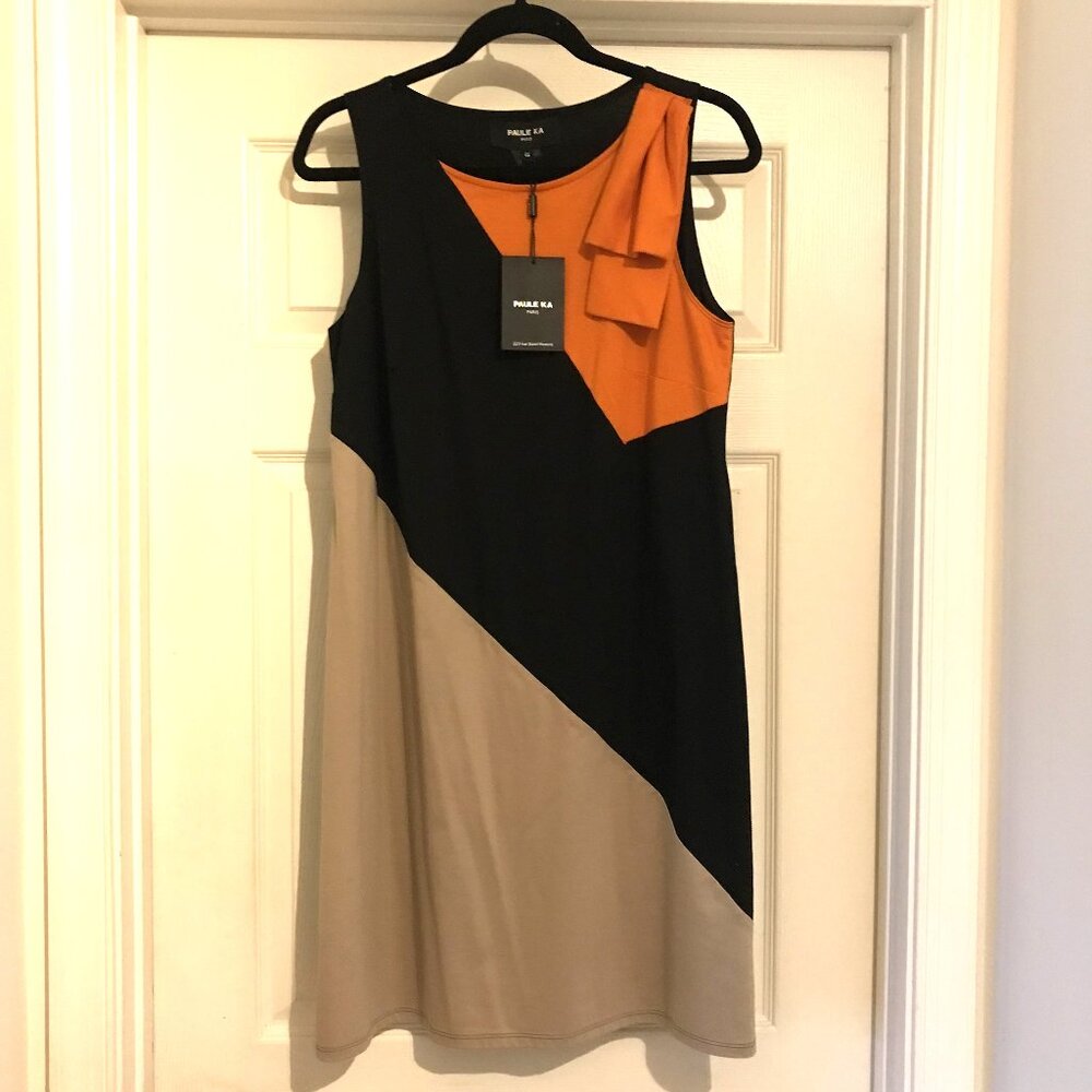 Paule Ka Designer Sheath Dress, Color Block, orange, black, tan sz 42, NWT